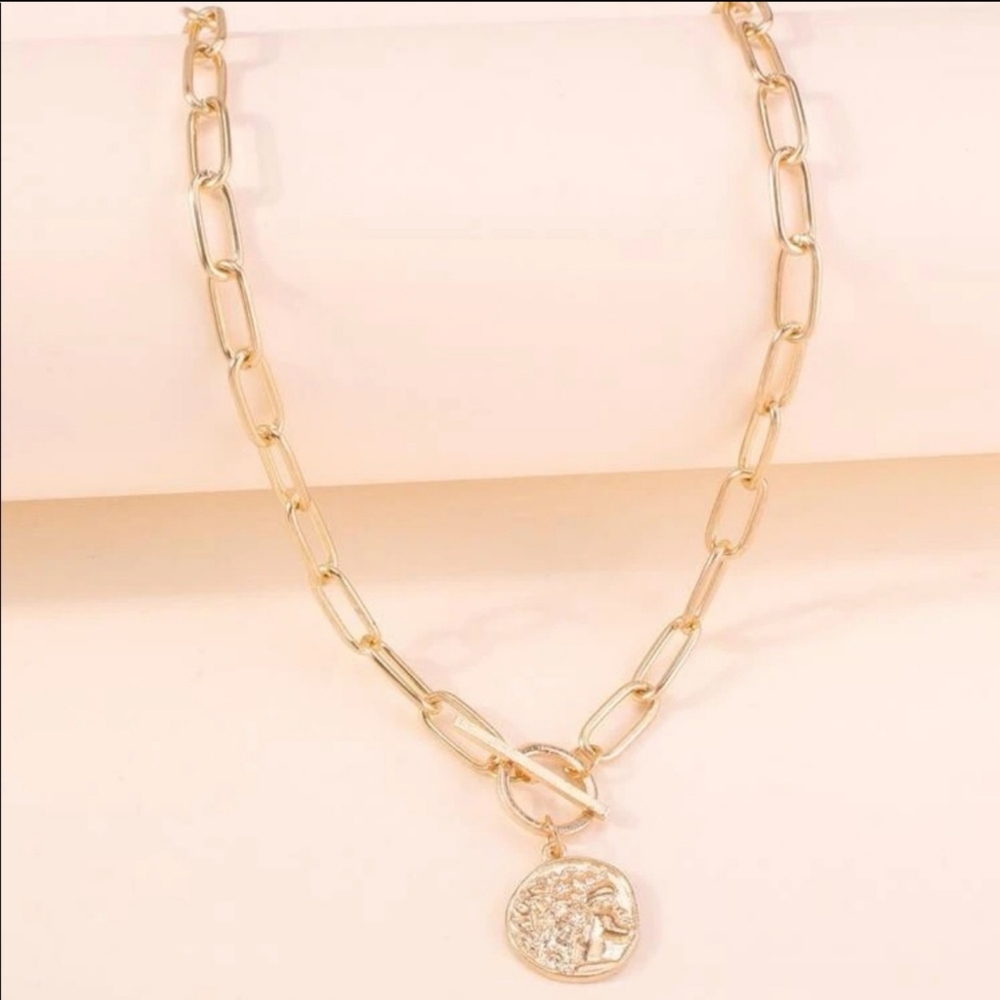 Gold-Tone Chain Link Necklace with Coin Charm